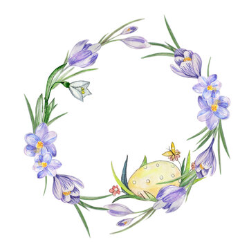 Watercolor cute hand drawn wildflower wreath with Easter eggs  in a crocus floral frame. Ideal for print, web, design, various souvenirs, photo albums and other creative ideas.