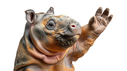 A unique Babirusa pig appears to wave 'hi' with its hoof, its detailed skin and expression offer a blend of charm and oddity