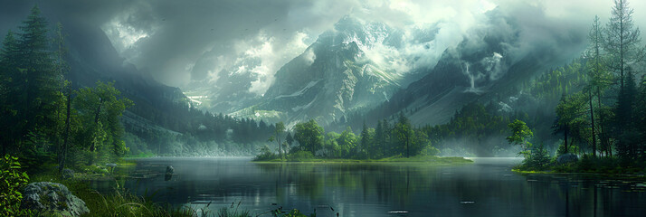 Misty mountain landscape with lake and forest. Digital art scenic background. Nature and wilderness concept. Design for poster, wallpaper, and print.