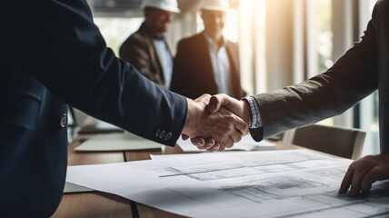 Business people shaking hands, symbolizing agreement, partnership, or a successful deal in a professional setting. - 747249572