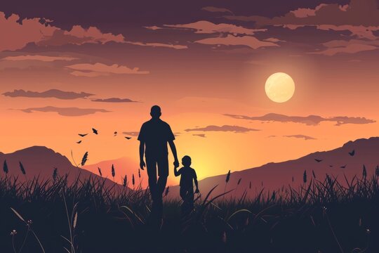 Drawn father and son having fun on a walk against the backdrop of the setting sun, concept of parenthood and family leisure and values, father's day