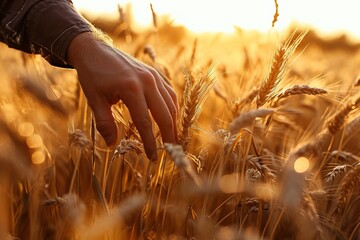 Close up of farmer's hand touching checking wheat, agricultural business
