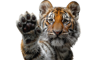 A captivating tiger cub directly gazes at the camera while seemingly waving, evoking a strong connection