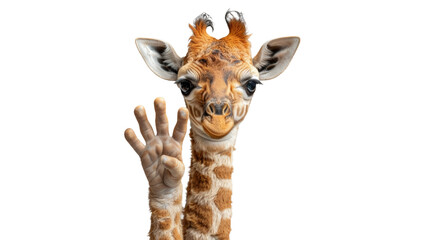 A giraffe portrayed with a human hand gesture, symbolizing a connection and inquisitive nature