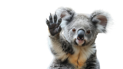 Precious moment captured of a grey koala happily greeting with a raised paw and a gentle facial expression