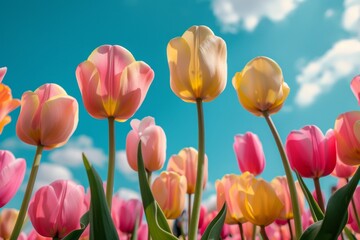 Fototapeta premium Pink and Yellow Tulips in Field Under Blue Sky