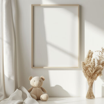Cozy Teddy Bear Interior View Mockup Near Window with Empty Picture Frame