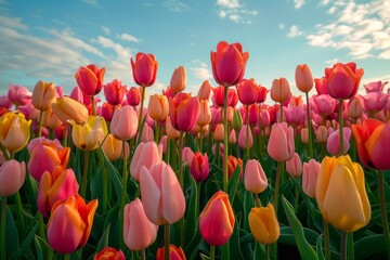 Field of Pink and Yellow Tulips