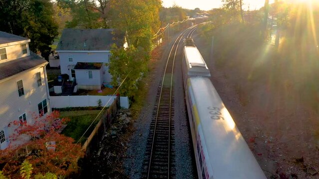 Aerial of MBTA commuter train