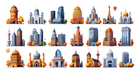 Buildings, modern and old, large vector set in flat colorful style. Cartoon architecture, skyscrapers, Eiffel Tower, cathedrals, shopping malls, with trees and landscape details. Isolated pack on whit