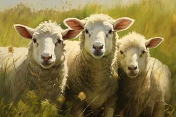 a group of sheep in tall grass - Powered by Adobe