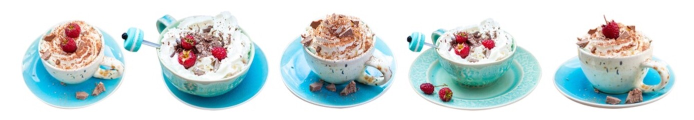 A beautiful blue cup of coffee with whipped cream, cocoa powder and raspberries on rustic wooden...