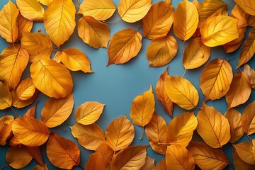 Group of Yellow Leaves on Blue Surface