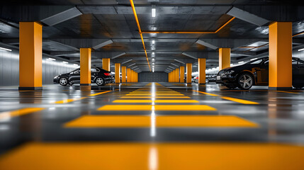 A closed underground parking lot showcases modern cars, and the scene is enhanced by yellow markings.