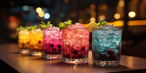 Bar counter in summer beach cafe. Row of glass faceted glasses with multicolored cold alcoholic drinks with ice, berries, fruits. Yellow lemonade with straw. Blue cocktail. Bokeh light. Holiday, party