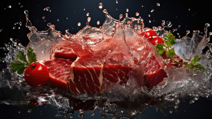 Fresh raw piece of meat falls into liquid on a black dark background. Splashes of water. Concept of buying farm healthy food at street market. Grocery store. Butcher shop. Meat of cow, pig, sheep	