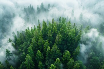 Misty Forest Aerial View - Lush Green Trees and Fog for Tranquil Nature Background