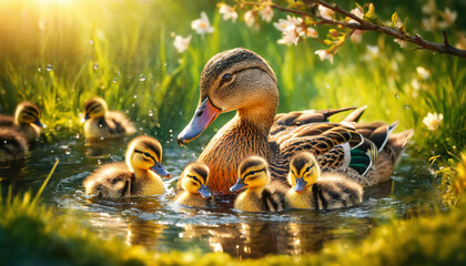 Delightful scene of a duck with ducklings bathing in a pond on a sunny day, showcasing playful wildlife moments and family bonding. - obrazy, fototapety, plakaty