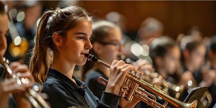 Teenagers play musical instruments in a dynamic high school band performance. Concept High School Band, Teen Musicians, Dynamic Performance, Musical Instruments, Teenager Life