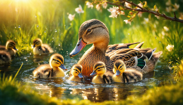 Delightful scene of a duck with ducklings bathing in a pond on a sunny day, showcasing playful wildlife moments and family bonding.
