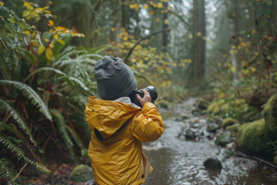 a little kid using a camera to take photograph in nature