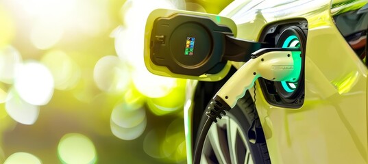 Ev charger plug in electric vehicle port at charging station, modern design, clean energy concept.