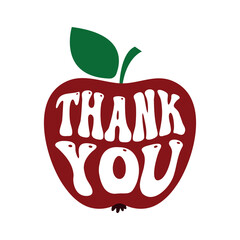 thank you apple for the teacher, card with groovy lettering for school, kindergarten, teachers day, appreciation week