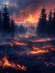 Fire Burning in Forest Painting