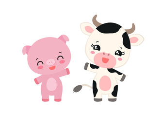 Kawaii cow and pig cute pets chibi animals. Anime asian cartoon style domestic farm animal characters. Adorable calf and piglet smiling waving. Little baby cow and piggy children vector illustration.