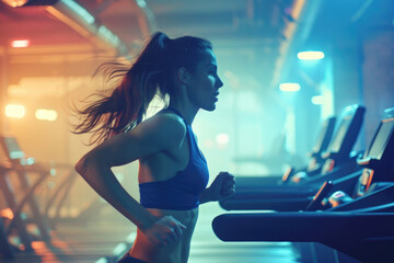 Fototapeta na wymiar athletic asian woman running on treadmill while exercising in a gym club