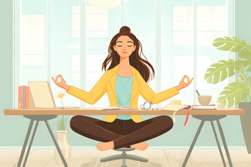 Young female office worker doing yoga at work place