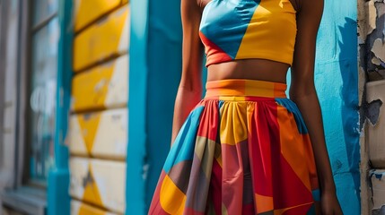 Vibrant African Model Posing in Colorful Geometrically-Inspired Outfit