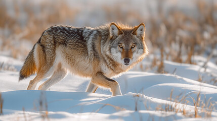 Naklejka premium A wolf walking through a snowy landscape with golden backlighting. 