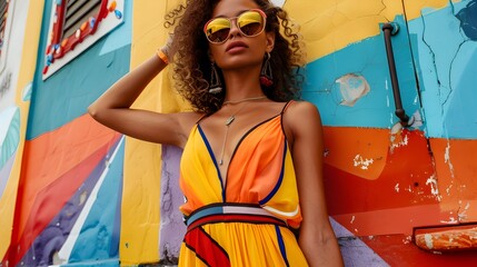Obraz premium Woman in Colorful Dress Posing Next to Graffiti-like Wall