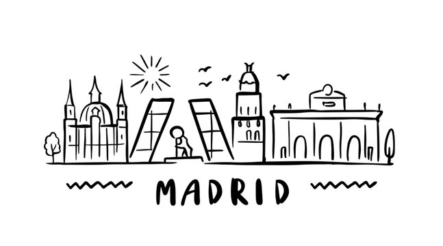 city of Madrid in sketch style on white. Landmarks sign with inscription.