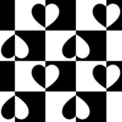 checkered board repeatable background, abstract hearts seamless pattern, black and white vector background