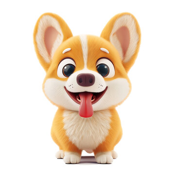Simple fat cute funny kawaii fluffy cartoon orange corgi puppy, dot eyes, red tongue sticking out of mouth in standing playful pose. Lovely adorable pet minimal style. 3d render isolated transparent