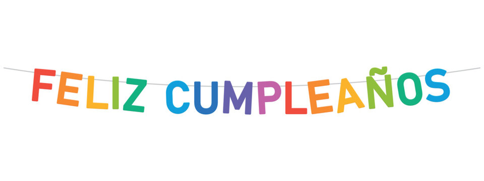 happy birthday in spanish, feliz cumpleanos garland, colorful party bunting, big letters hanging on a string, vector illustration