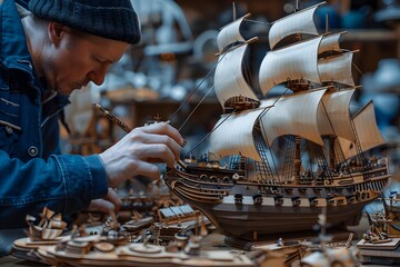 Artist Building Wood Model Sailing Ship in Workshop - obrazy, fototapety, plakaty