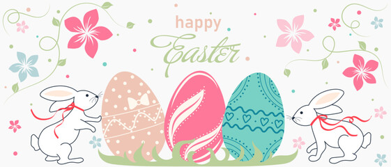 Easter Background with Rabbits, Happy Easter, Bunny, Easter Eggs, Flowers,  Greeting, Colorful, Easter Banner, Spring, Vector Illustration