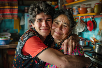 Fototapeta na wymiar Cheerful man and his mature mother embracing in the kitchen