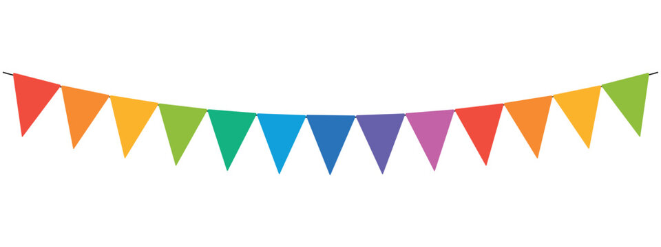 carnival garland, birthday party decoration, string of flags, colorful pennants banner, panoramic vector illustration