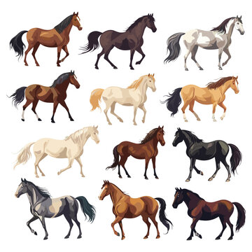 Horses in cartoon flat color style, vector collection. Hoofed, various breeds, Arabian, Thoroughbred, Andalusian, Percheron, Mustang, Friesian, Hanoverian, Morgan, Clydesdale, illustrations isolated o