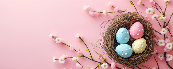 Flat lay border with colored Easter eggs in wicker nest with spring flowers on pink background. Happy Easter concept. Banner with copy space. Top view design for spring  template, card, poster, ads. - Powered by Adobe