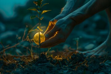 Hand Planting a Seed with Coin in the Soil