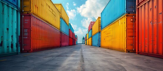 Colorful Stacked Shipping Containers at the Dock - obrazy, fototapety, plakaty