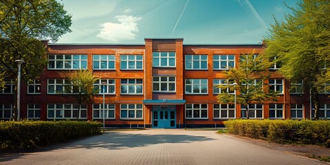 Exterior view of a typical American school building in daylight setting. Concept School Architecture, American Building, Daylight Exterior, Educational Facility, Traditional Design