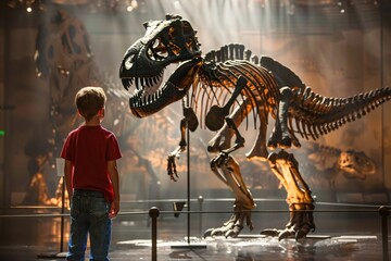 Fototapeta na wymiar Dino-Fueled Adventure A Boy's Exciting Encounter with a T-Rex Generative AI