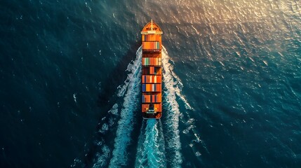Aerial View of Cargo Ship Sailing on Ocean at Sunrise - obrazy, fototapety, plakaty