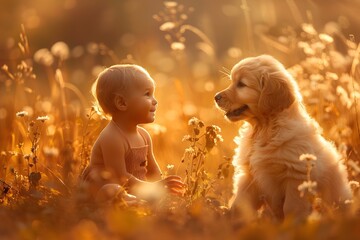 Baby with Golden Retriever in Tall Grass A Summer Playtime